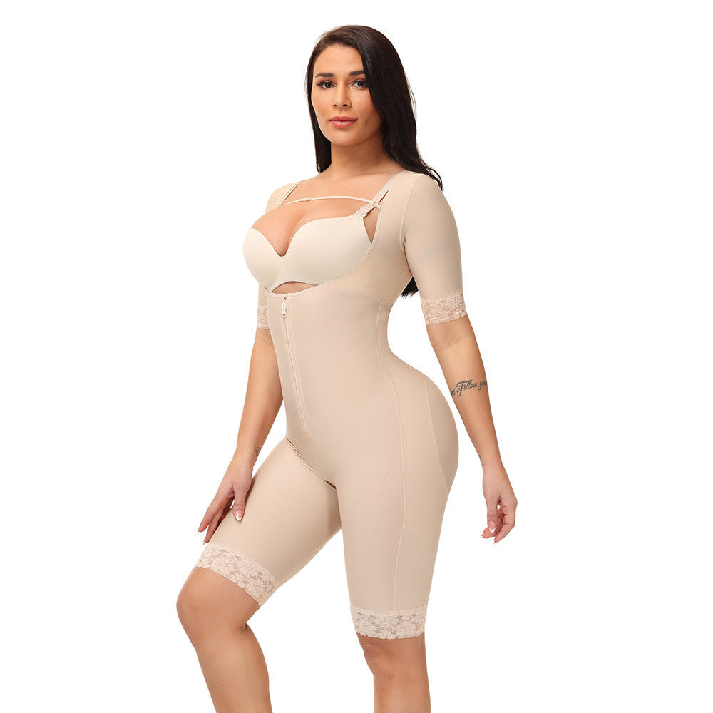Women's Fashion Lace Mid Sleeve Zipper Body Shaper Bodysuit